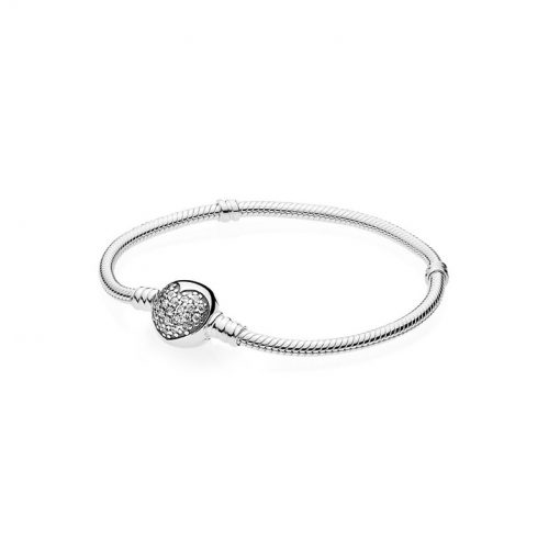 Pandora潘多拉 590743CZ MOMENTS PAVÉ闪烁心形密镶扣银手链蛇链 Silver Bracelet with Sparkling Heart Clasp