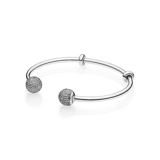 Pandora潘多拉 596438CZ MOMENTS 925银开口式手镯 Silver Open Bangle with Pavé Caps