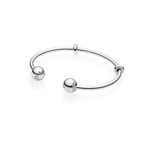 Pandora潘多拉 596477 MOMENTS 925银开口式手镯 Silver Open Bangle with PANDORA Logo Caps