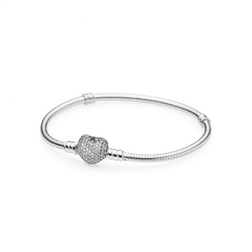 Pandora潘多拉 590727CZ 密镶心形扣银手链 MOMENTS Silver Bracelet with Pavé Heart Clasp