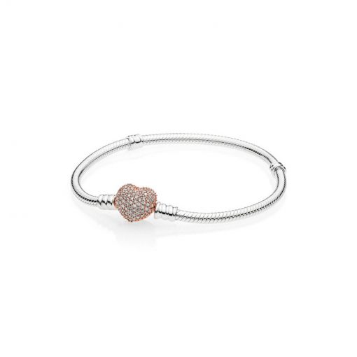 Pandora潘多拉 586292CZ Rose密镶心形扣银手链 Rose MOMENTS Silver Bracelet with Rose Pavé Heart