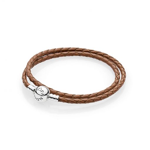 Pandora潘多拉 590745CBN-D 褐色双圈编织皮革皮绳 MOMENTS Brown Double Woven Leather Bracelet