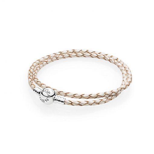 Pandora潘多拉 590745CPL-D 珍珠白双圈编织皮革皮绳 MOMENTS Pearl Double Woven Leather Bracelet